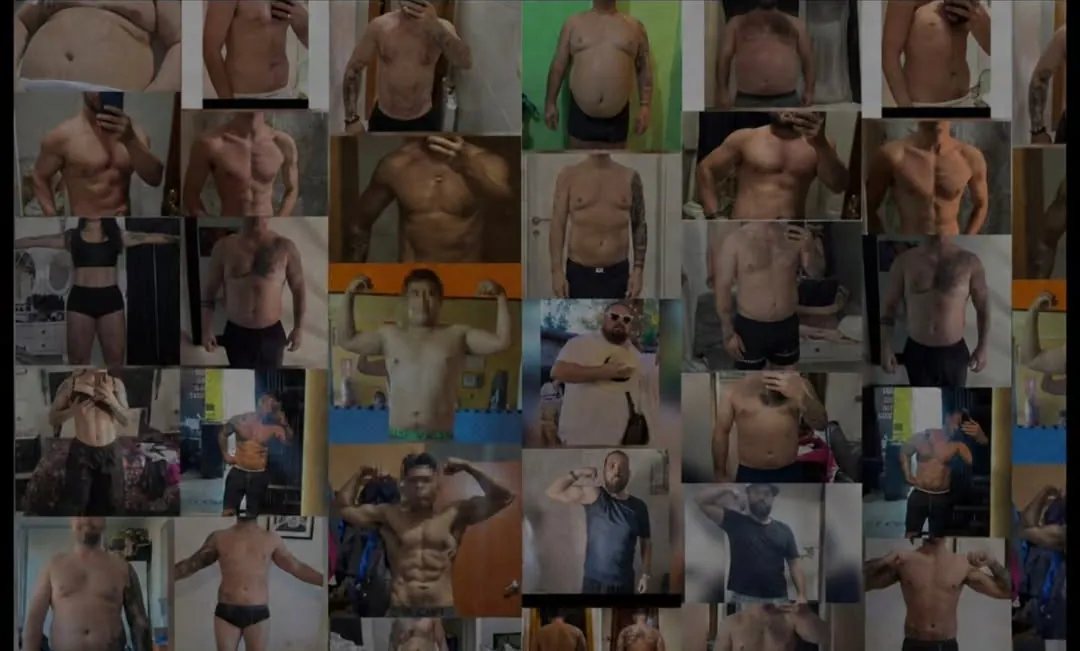 Mosaico con fotos de antes y después de más de 800 clientes de Joaking Team, con los rostros difuminados
